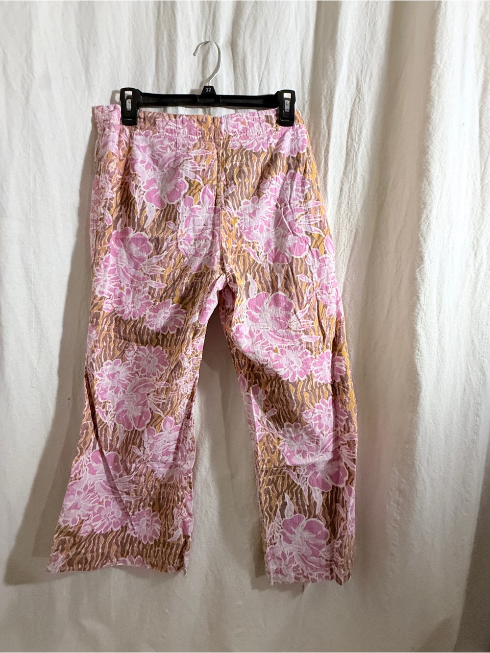 Free People Pink Floral & Brown Print Capris